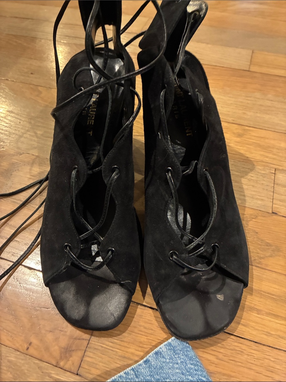 YSL Black Lace-Up Women's Suede Heels